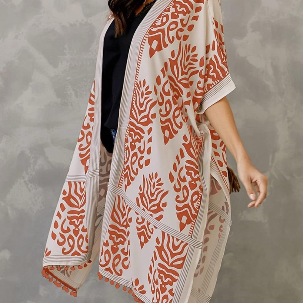 Sidefeel Women Print Pom Pom Tassel Kimono Beach Cover Up Cardigan Top
